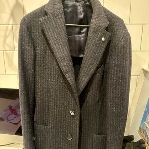 Men's LBM 1911 OVERCOAT, SIZE 48EU, BLACK AND PURPLE IN COLOR, MOHAIR